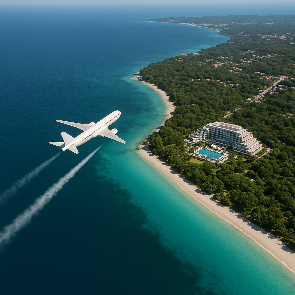 Un avion survolant une côte tropicale avec une plage et un hôtel luxueux.